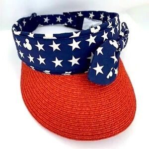 Disney Parks Visor Hat Stars Micky Mouse Red White Blue Adjustable Beach Cap